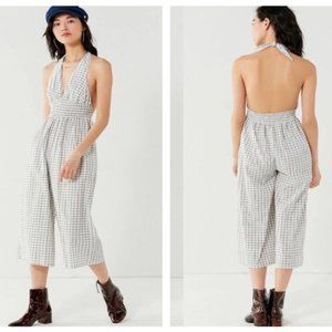Urban Outfitters Donna Rae Smocked Gingham Blue Halter Crop Jumpsuit
